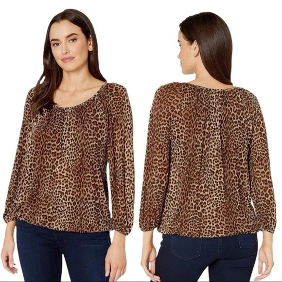 MICHAEL Michael Kors Pullover Leopard Print Peasant Top Blouse Size XL - Picture 2 of 10